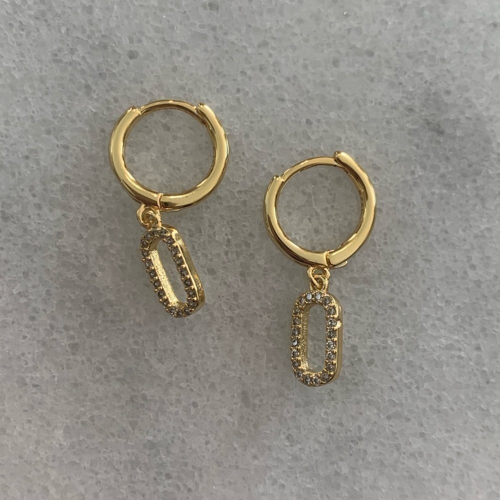 COPY - Gold Crystal Oval Huggie Hoop Dangle Earrings - Picture 1 of 5